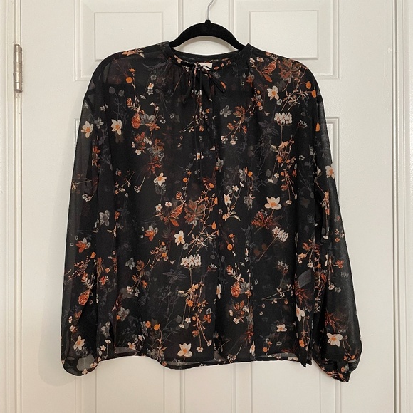 a new day Tops - A New Day Black Fall Woodsy Floral Printed Long Sleeve Billowy Peasant Blouse